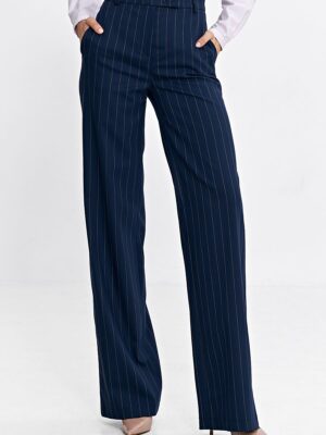 Spodnie bootcut z krytym guzikiem prążek SD103 Navy - Nife