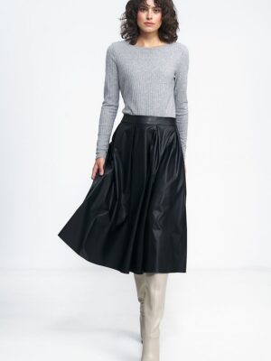 Spódnica Czarna spódnica midi z ecoskóry SP71 Black - Nife
